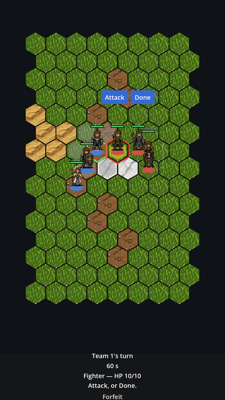 A live battle on the hex-grid map