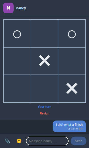 A game of Tic-Tac-Toe in progress inside a BIM chat window
